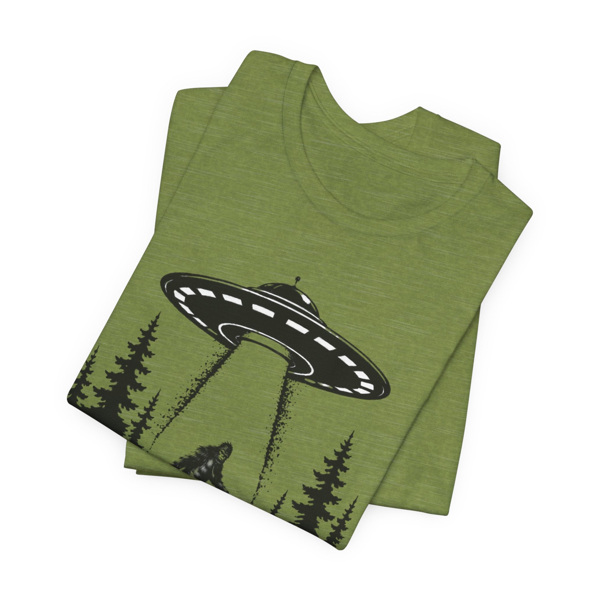 Bigfoot Abduction T-Shirt | UFO Sasquatch Forest Illustration