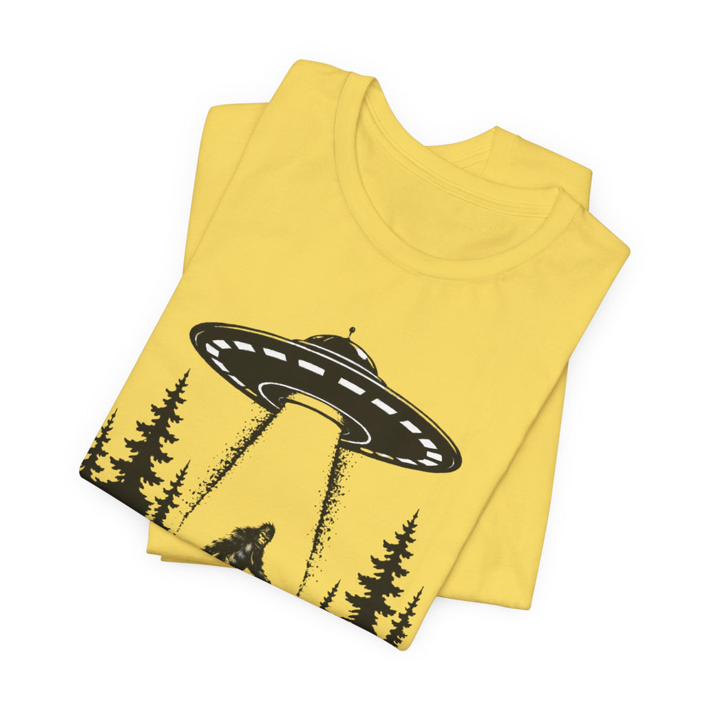 Bigfoot Abduction T-Shirt | UFO Sasquatch Forest Illustration