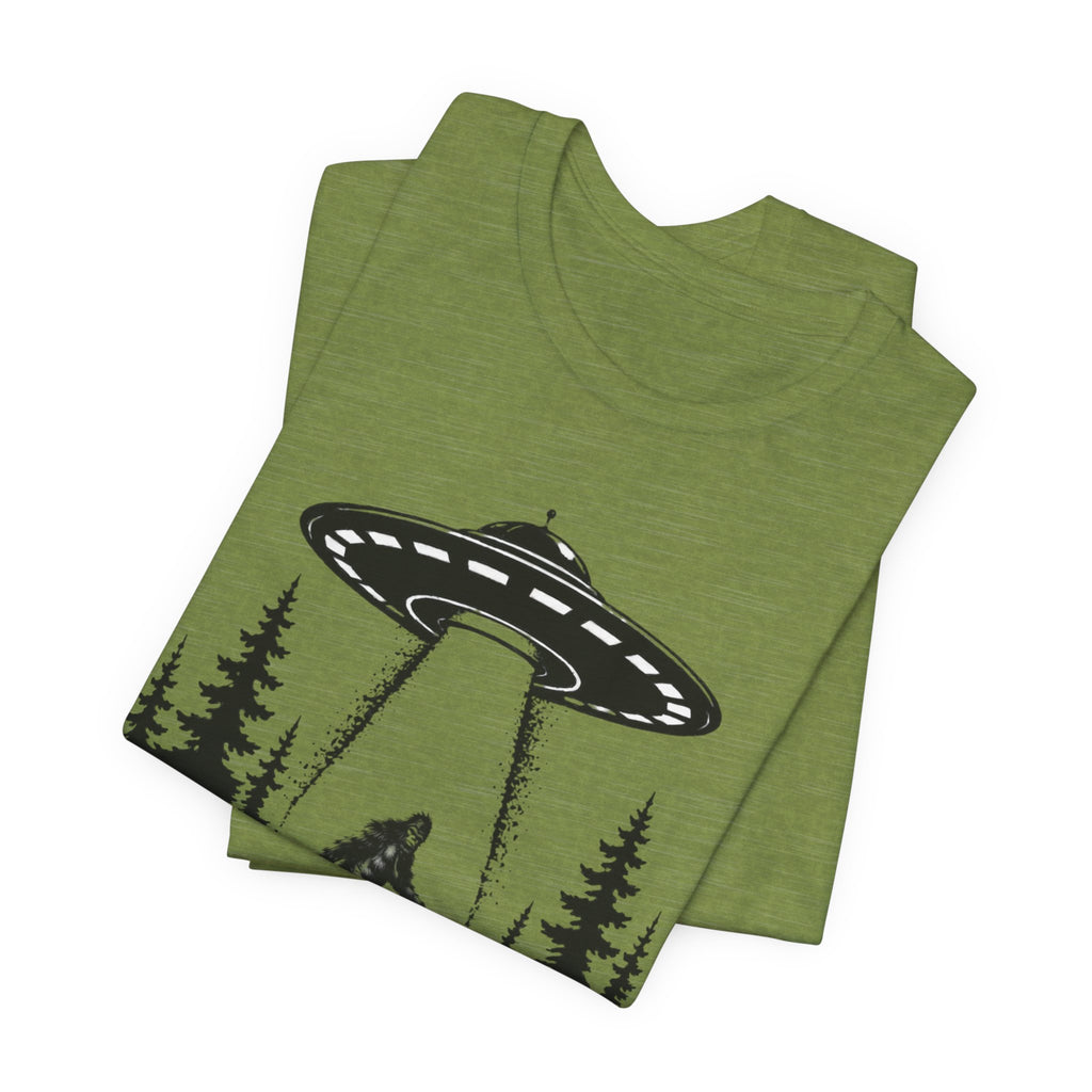 Sasquatch Abduction T-Shirt | UFO Bigfoot Forest Bigfoot Alien Beam
