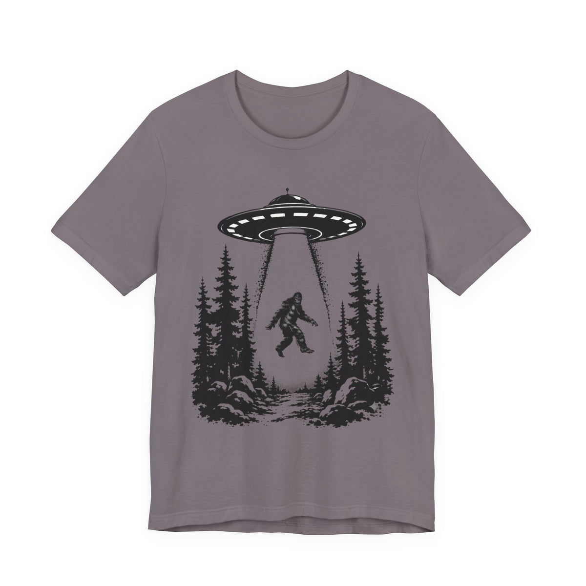 Bigfoot Abduction T-Shirt | UFO Sasquatch Forest Illustration