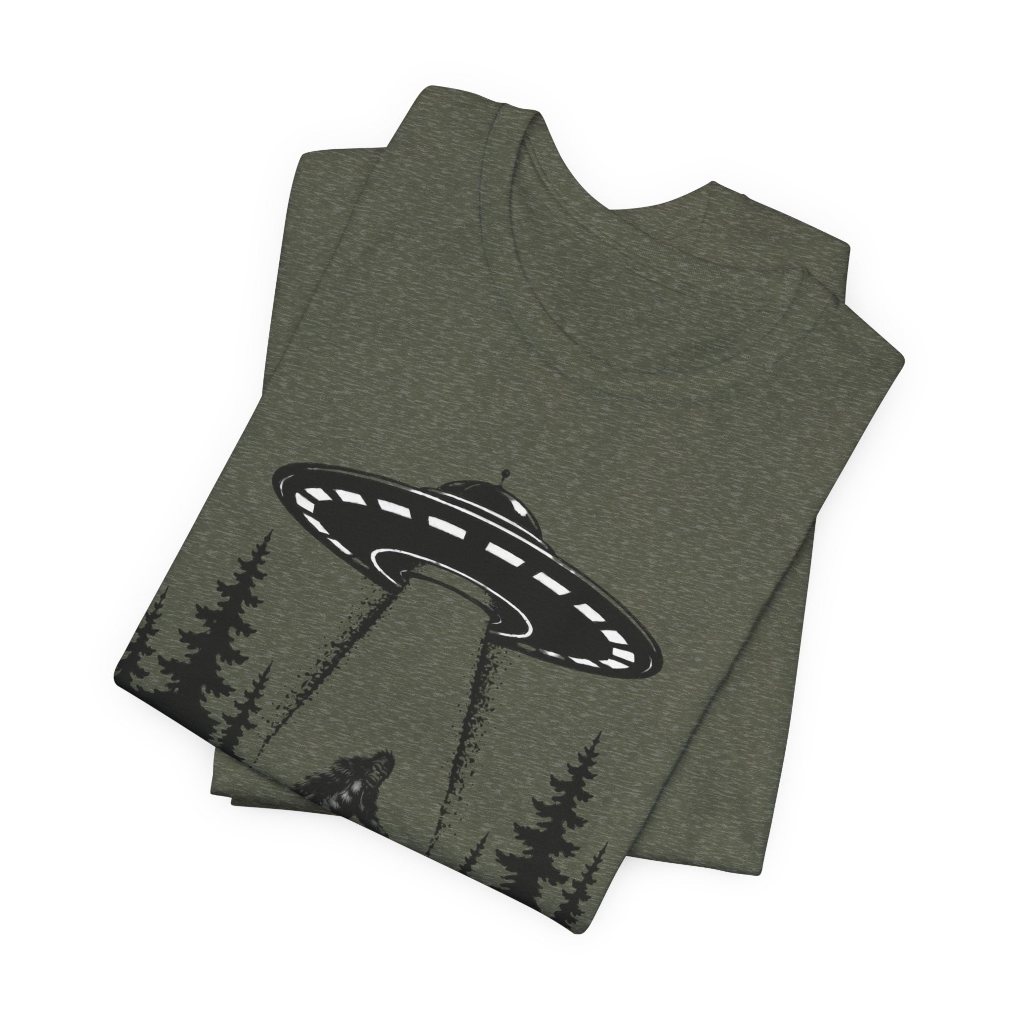 Bigfoot Abduction T-Shirt | UFO Sasquatch Forest Illustration