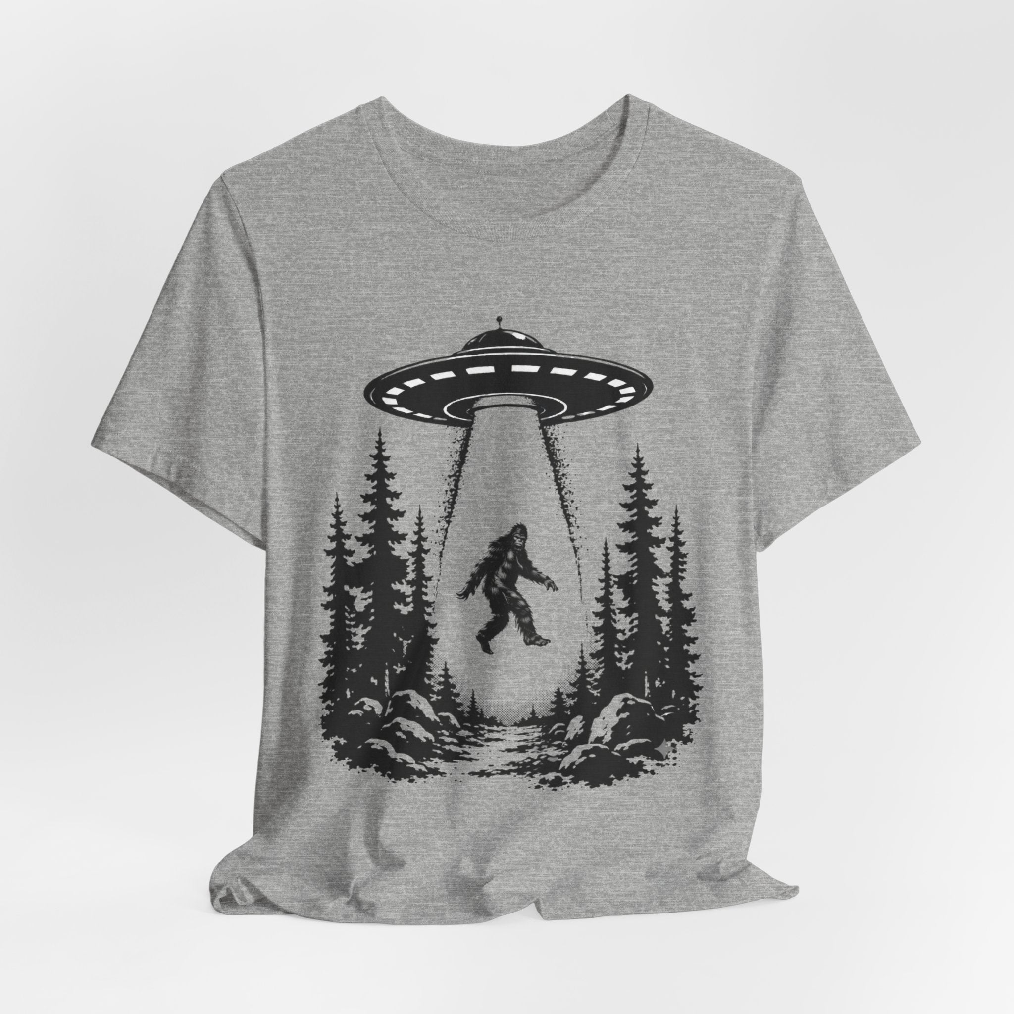 Bigfoot Abduction T-Shirt | UFO Sasquatch Forest Illustration