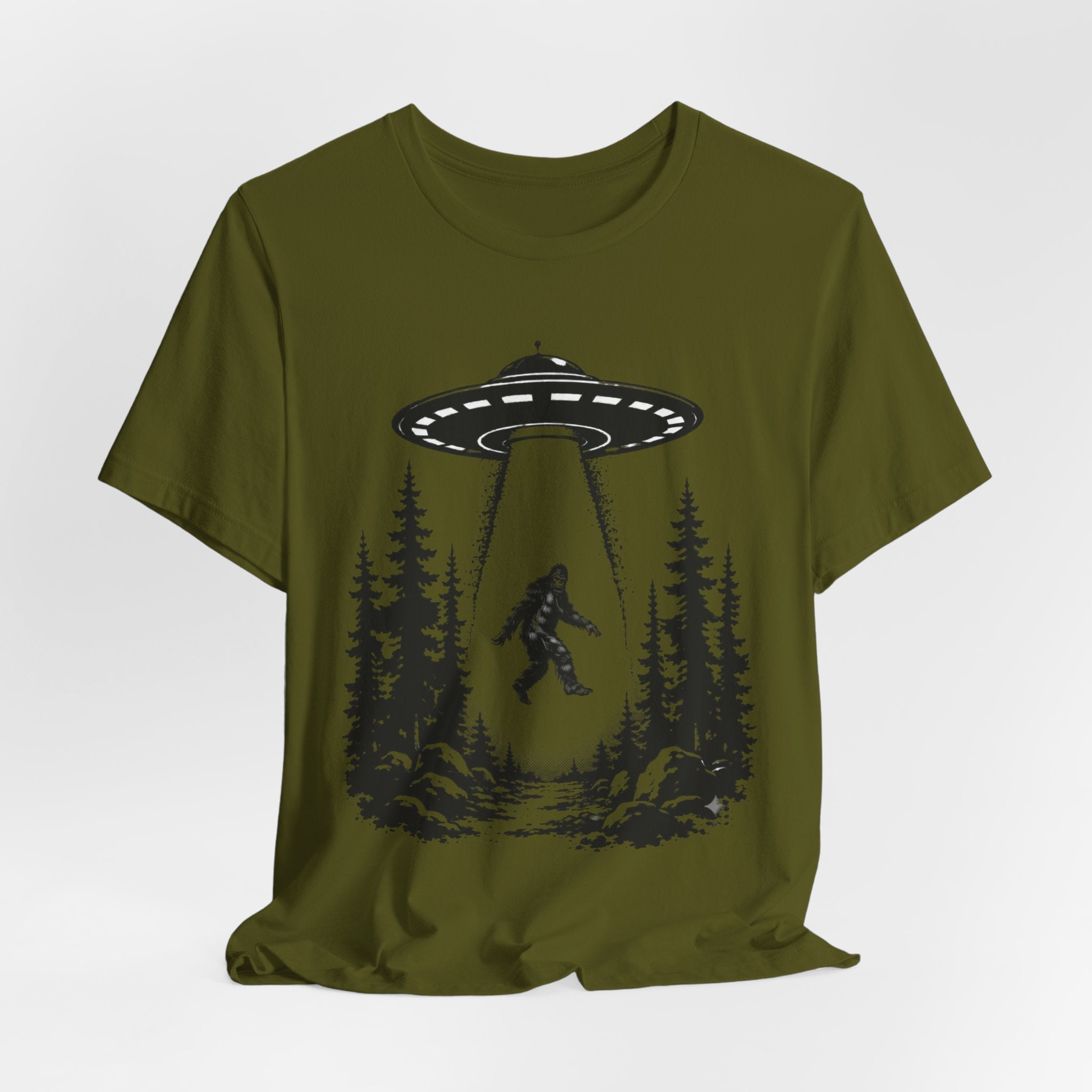 Bigfoot Abduction T-Shirt | UFO Sasquatch Forest Illustration
