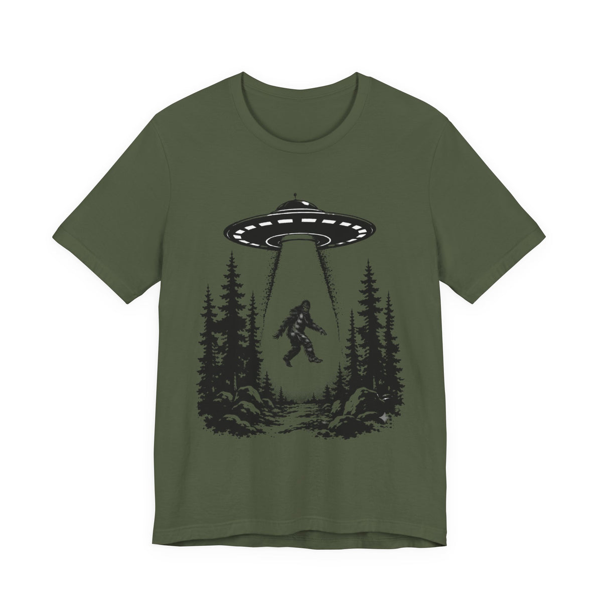Bigfoot Abduction T-Shirt | UFO Sasquatch Forest Illustration