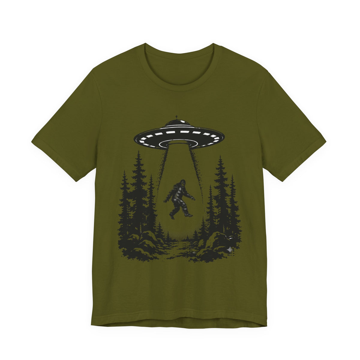 Bigfoot Abduction T-Shirt | UFO Sasquatch Forest Illustration