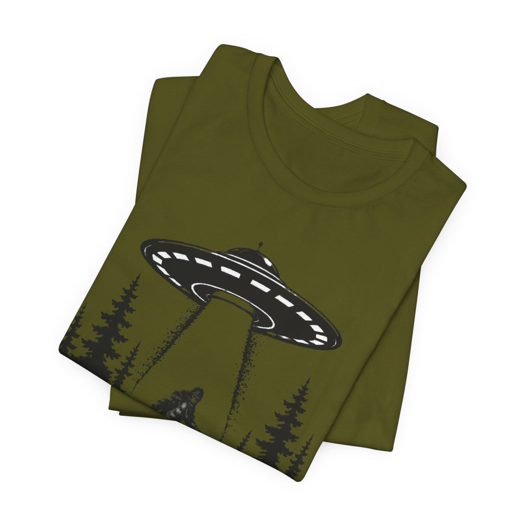 Bigfoot Abduction T-Shirt | UFO Sasquatch Forest Illustration