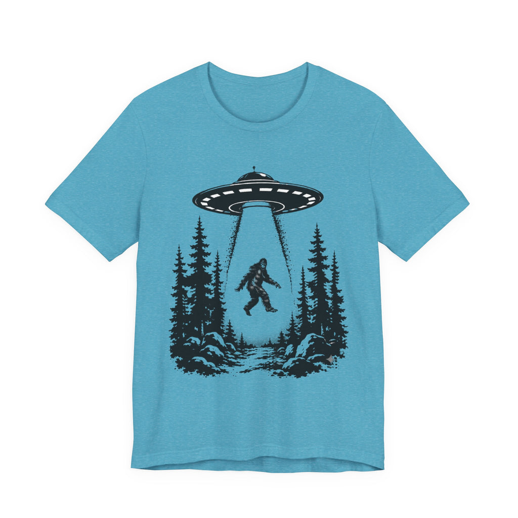 Bigfoot Abduction T-Shirt | UFO Sasquatch Forest Illustration