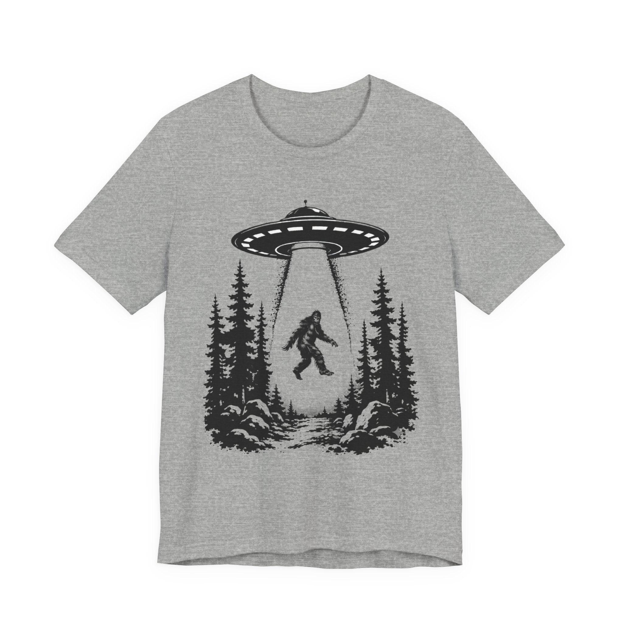 Bigfoot Abduction T-Shirt | UFO Sasquatch Forest Illustration