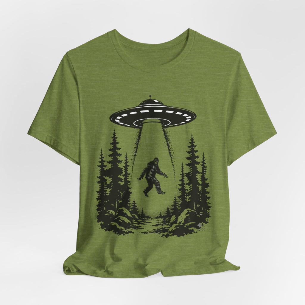 Bigfoot Abduction T-Shirt | UFO Sasquatch Forest Illustration