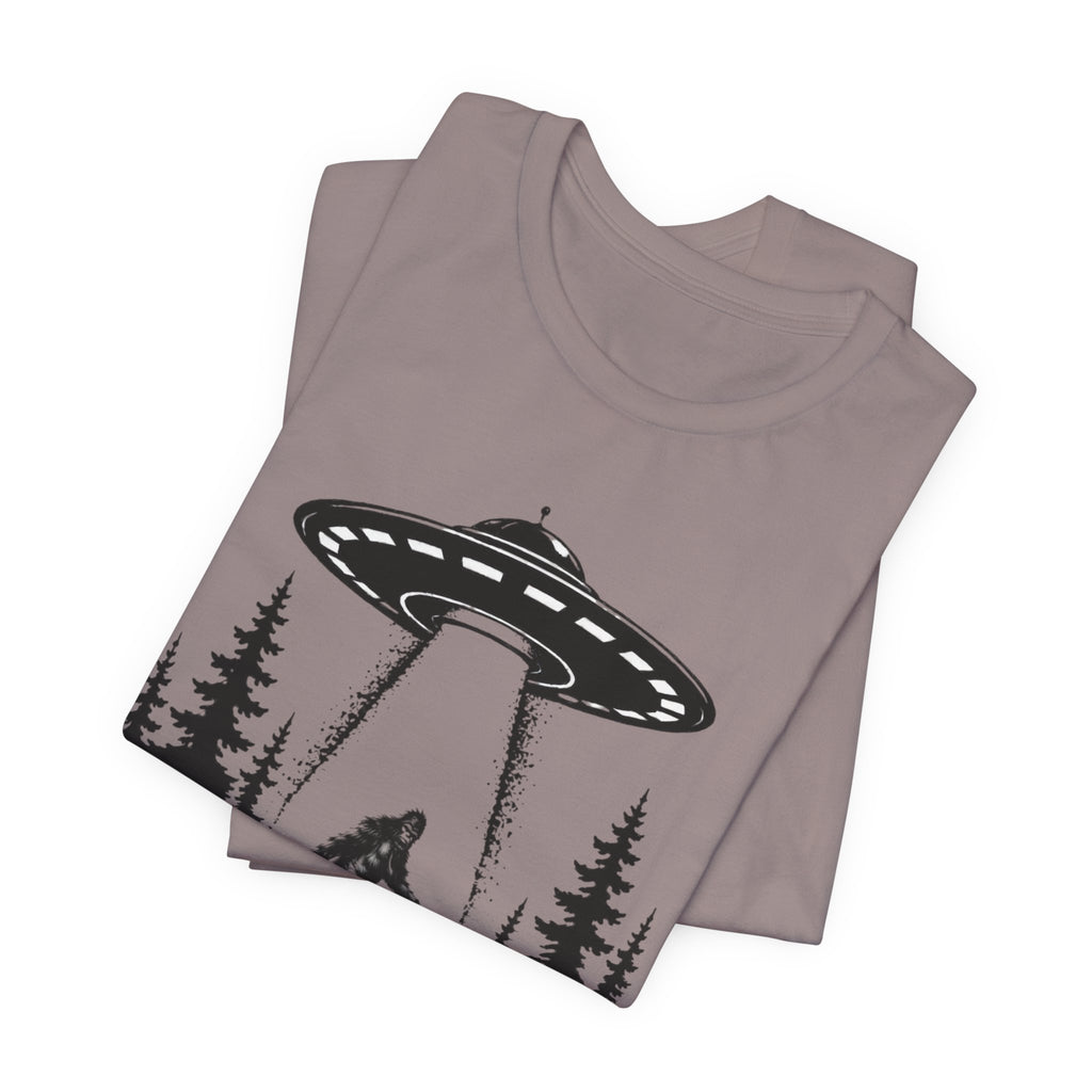 Bigfoot Abduction T-Shirt | UFO Sasquatch Forest Illustration