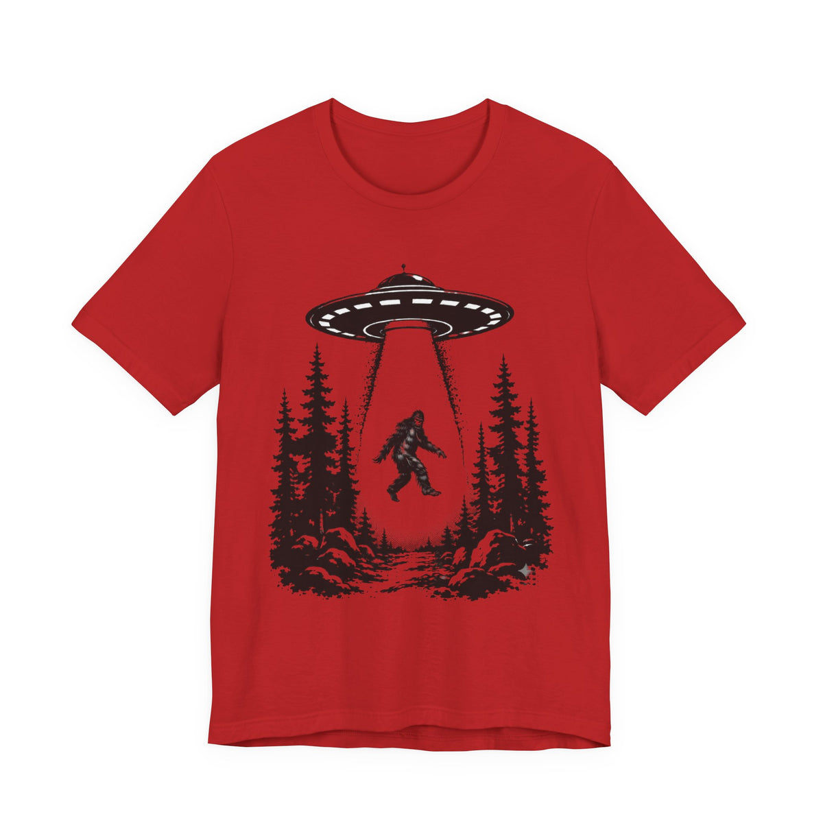 Bigfoot Abduction T-Shirt | UFO Sasquatch Forest Illustration