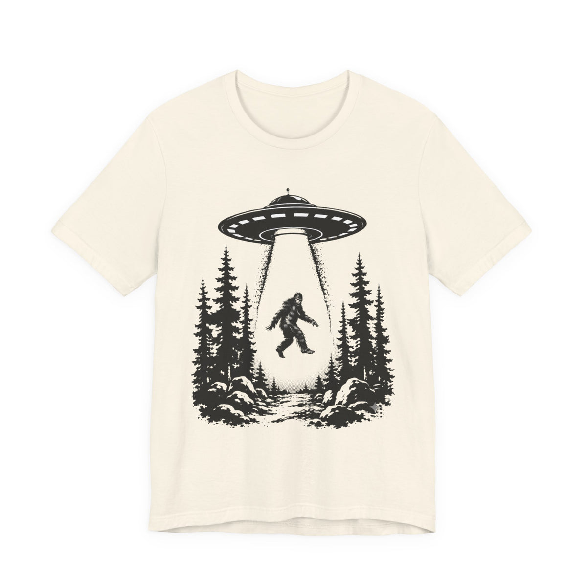 Bigfoot Abduction T-Shirt | UFO Sasquatch Forest Illustration