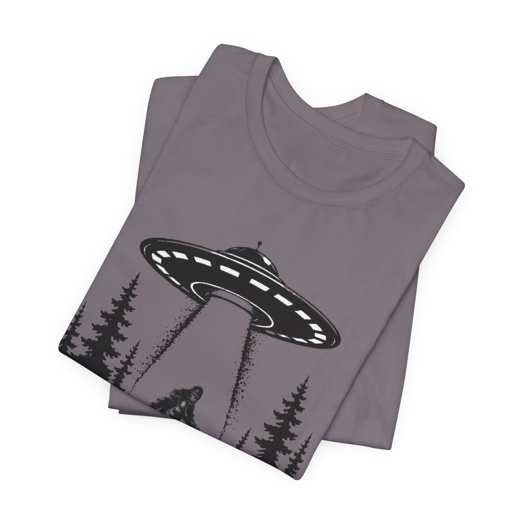 Bigfoot Abduction T-Shirt | UFO Sasquatch Forest Illustration