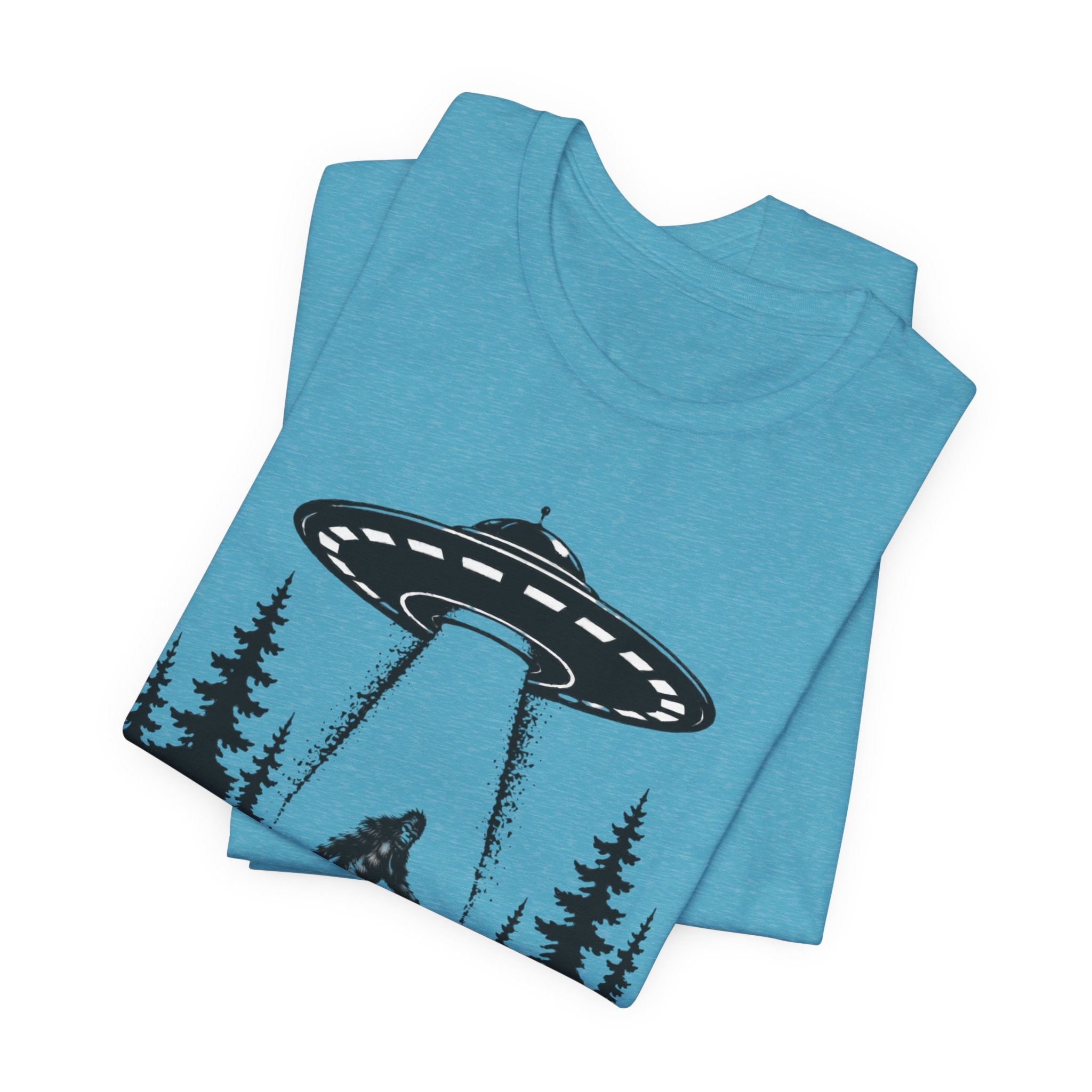 Bigfoot Abduction T-Shirt | UFO Sasquatch Forest Illustration