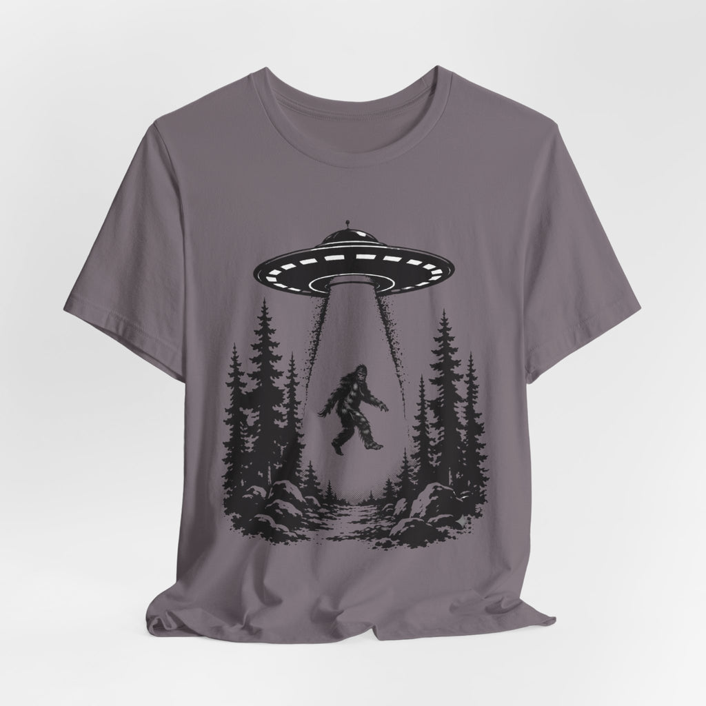 Bigfoot Abduction T-Shirt | UFO Sasquatch Forest Illustration