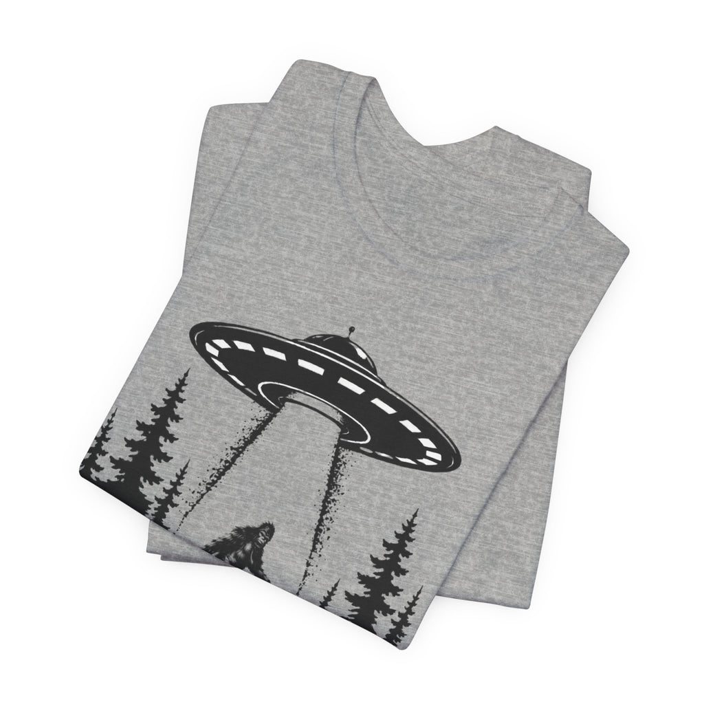 Bigfoot Abduction T-Shirt | UFO Sasquatch Forest Illustration