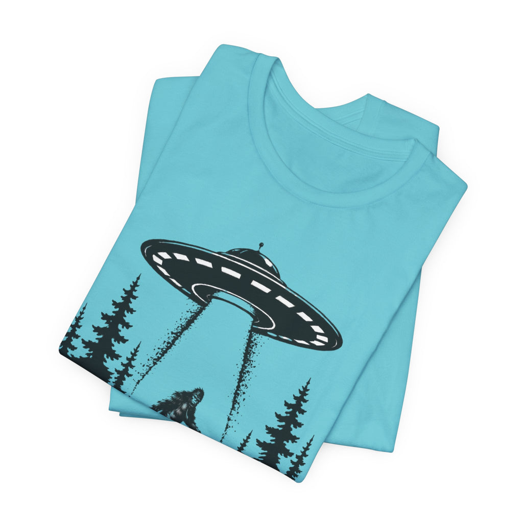 Bigfoot Abduction T-Shirt | UFO Sasquatch Forest Illustration