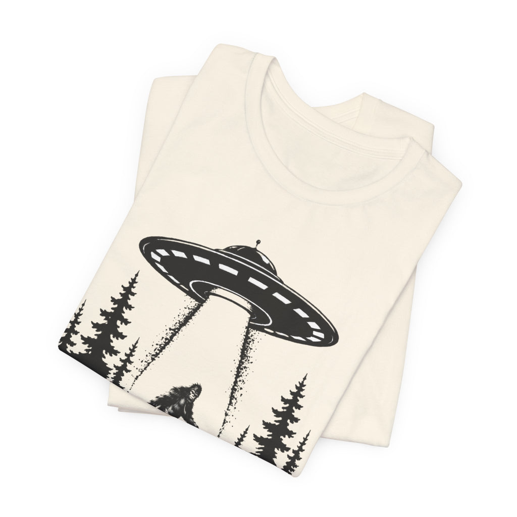 Bigfoot Abduction T-Shirt | UFO Sasquatch Forest Illustration