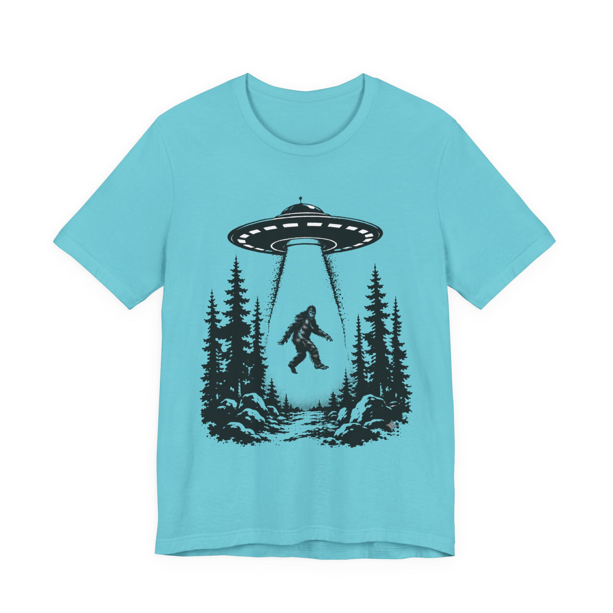 Bigfoot Abduction T-Shirt | UFO Sasquatch Forest Illustration