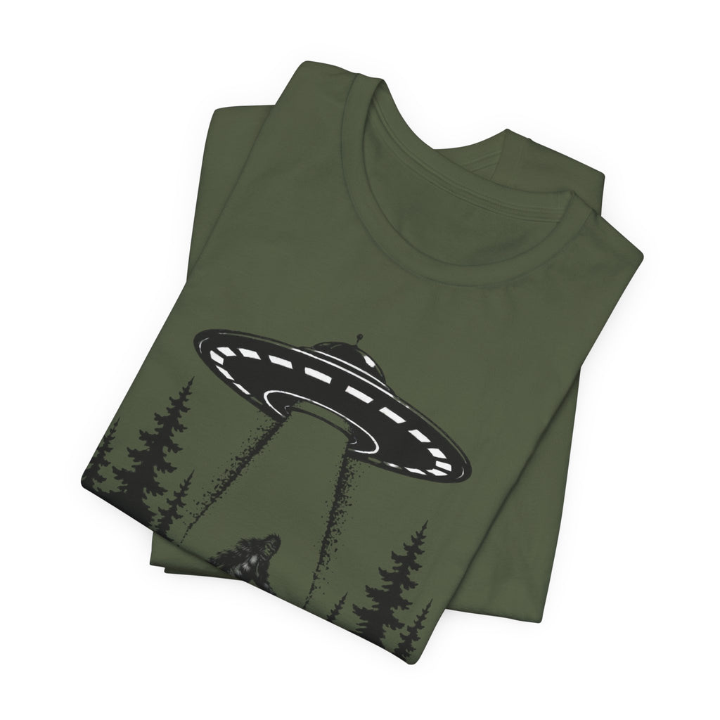 Bigfoot Abduction T-Shirt | UFO Sasquatch Forest Illustration