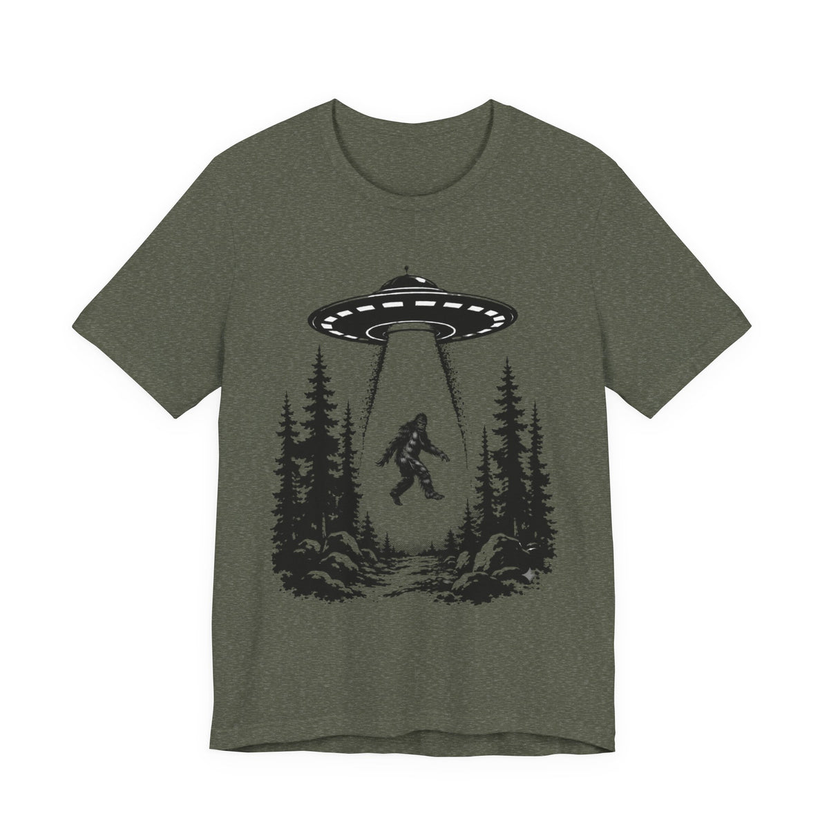 Bigfoot Abduction T-Shirt | UFO Sasquatch Forest Illustration