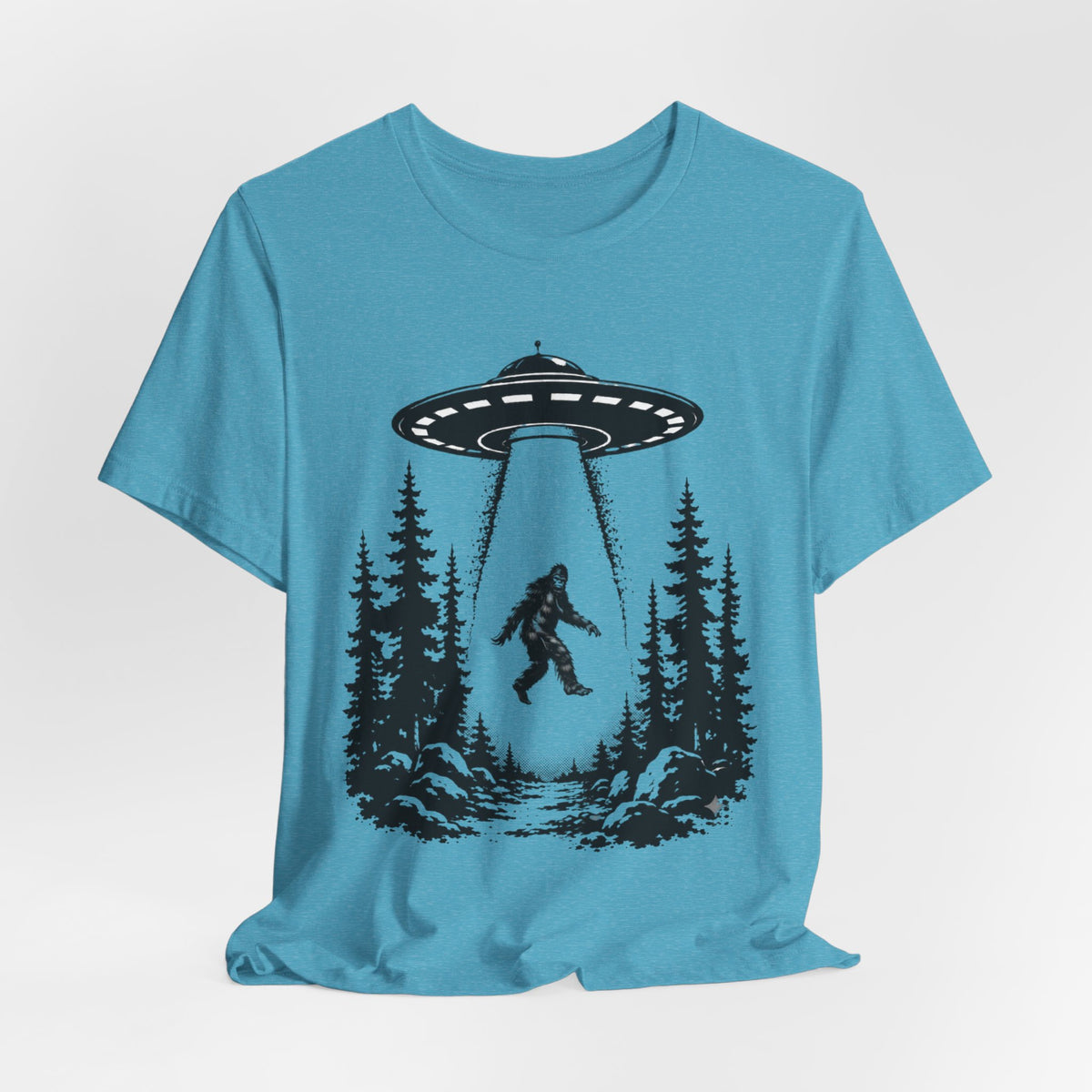 Bigfoot Abduction T-Shirt | UFO Sasquatch Forest Illustration
