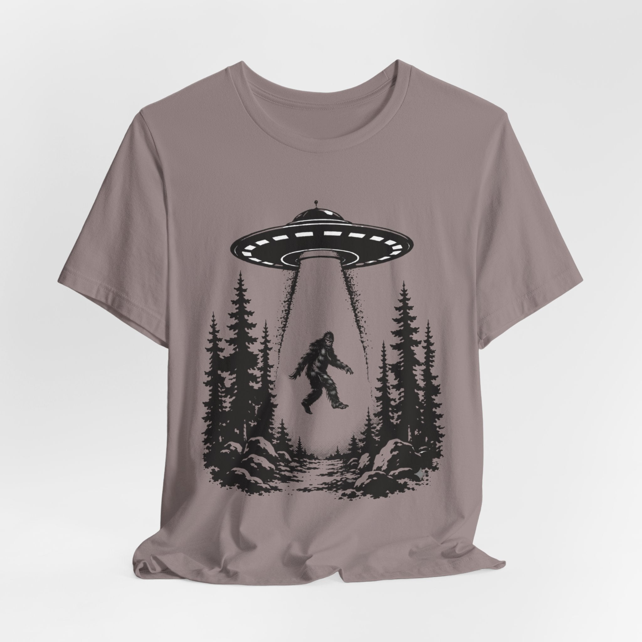 Bigfoot Abduction T-Shirt | UFO Sasquatch Forest Illustration