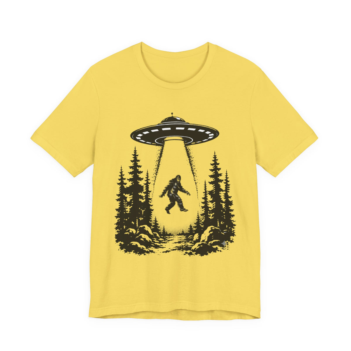 Bigfoot Abduction T-Shirt | UFO Sasquatch Forest Illustration