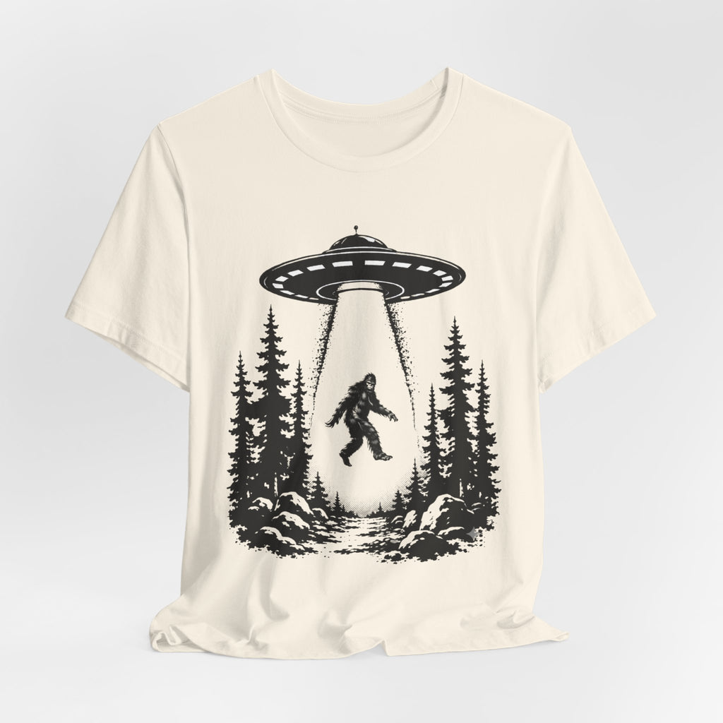 Bigfoot Abduction T-Shirt | UFO Sasquatch Forest Illustration