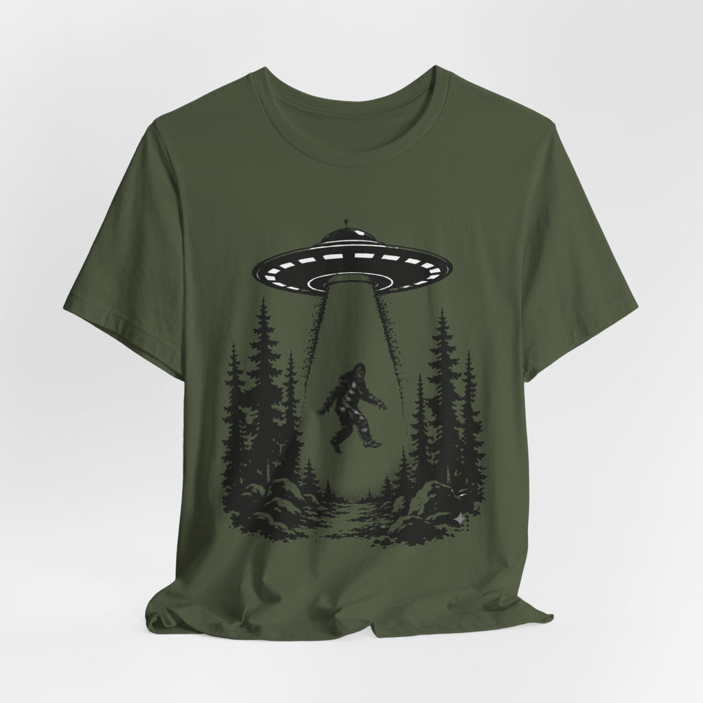 Bigfoot Abduction T-Shirt | UFO Sasquatch Forest Illustration