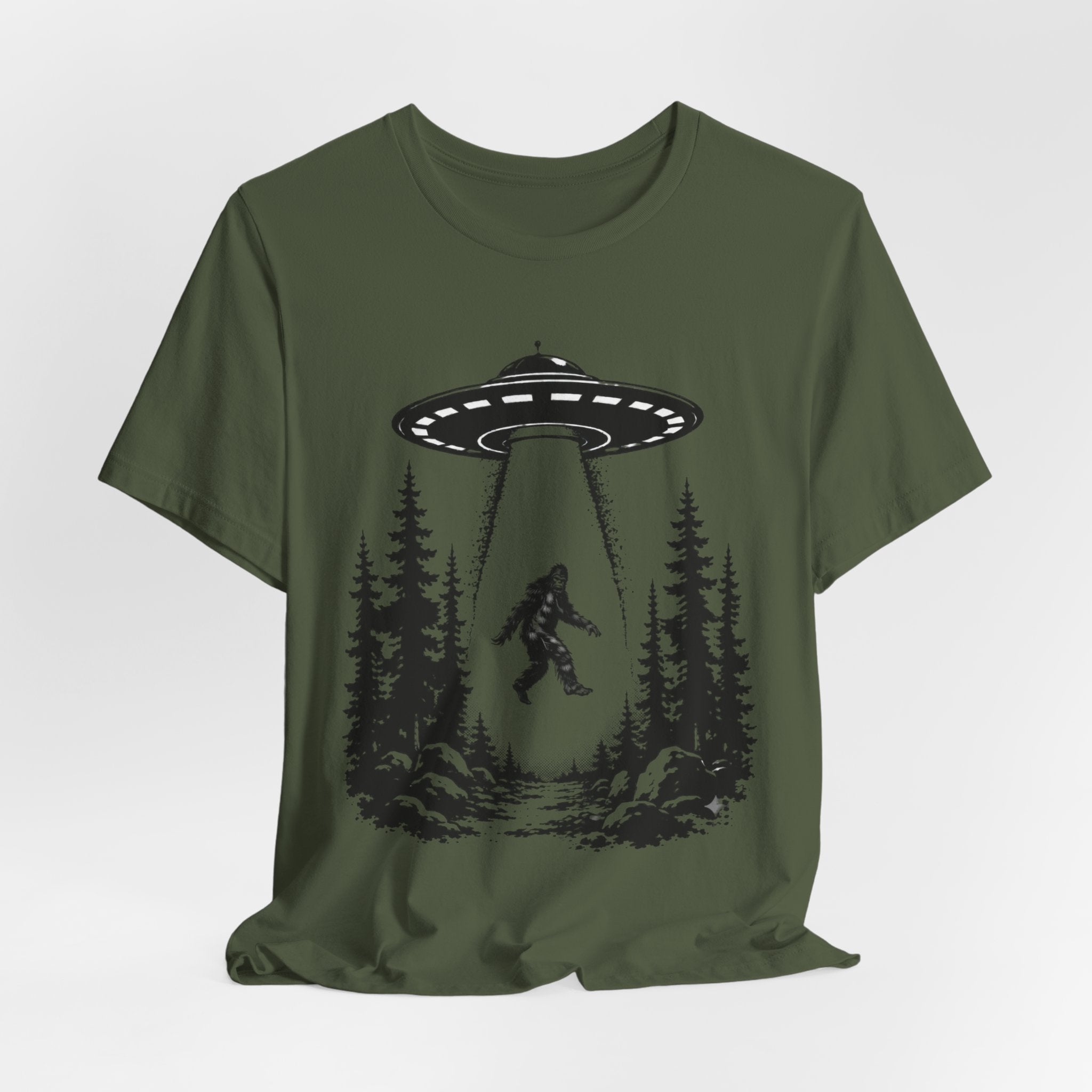 Bigfoot Abduction T-Shirt | UFO Sasquatch Forest Illustration