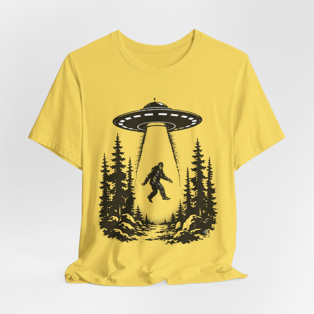 Bigfoot Abduction T-Shirt | UFO Sasquatch Forest Illustration