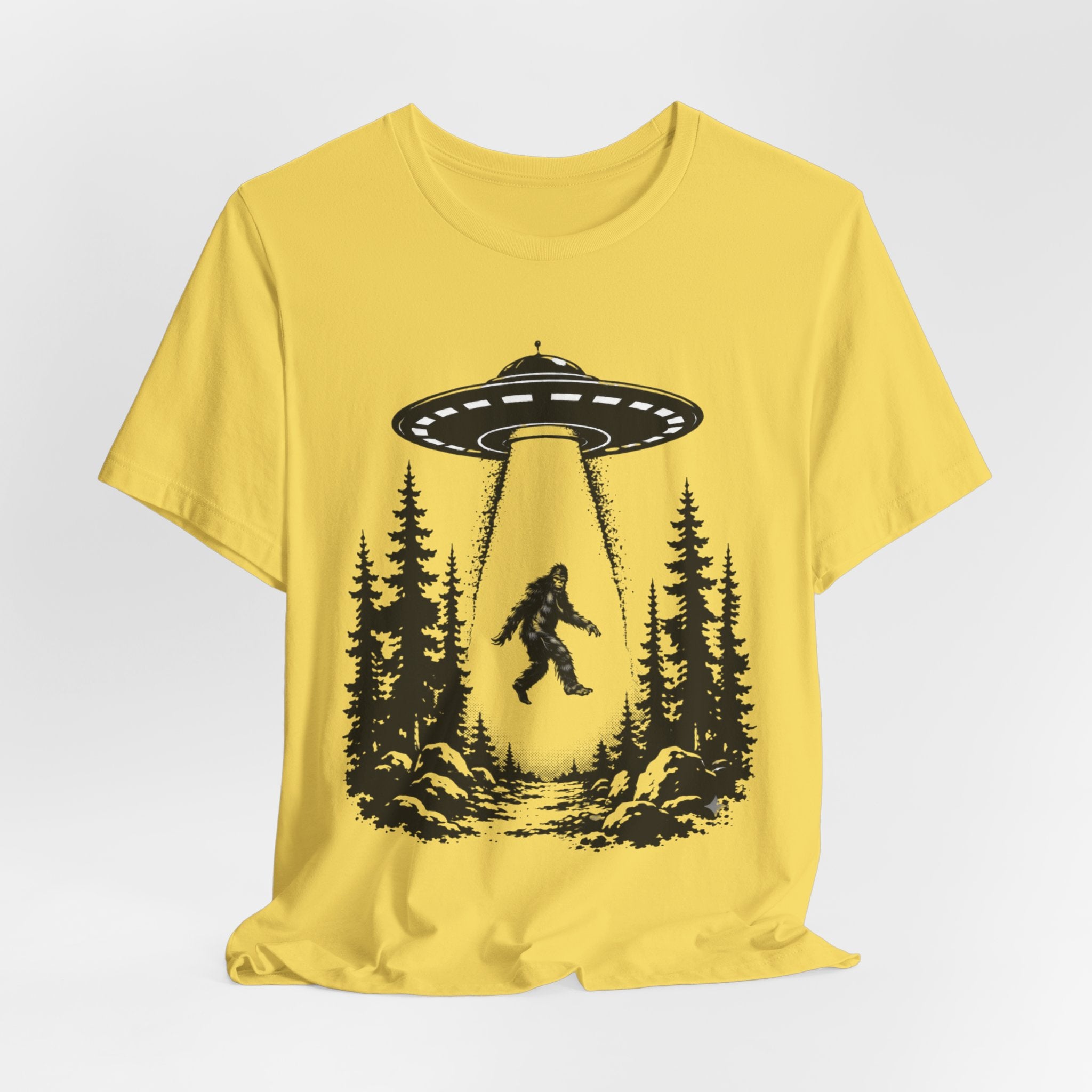 Bigfoot Abduction T-Shirt | UFO Sasquatch Forest Illustration