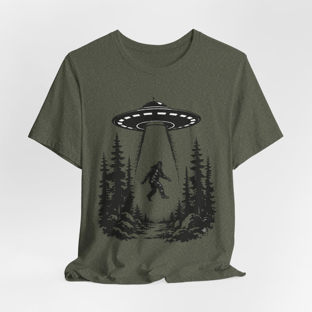 Bigfoot Abduction T-Shirt | UFO Sasquatch Forest Illustration