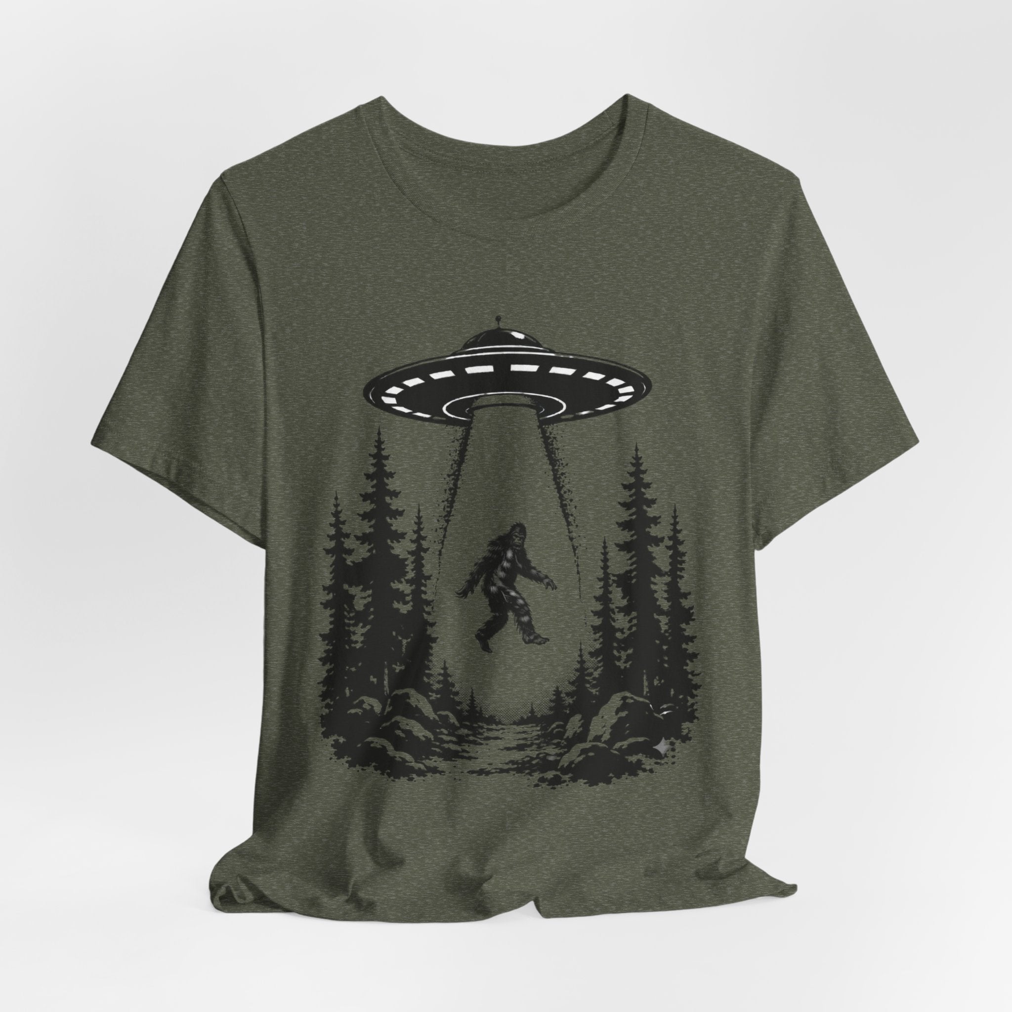 Bigfoot Abduction T-Shirt | UFO Sasquatch Forest Illustration