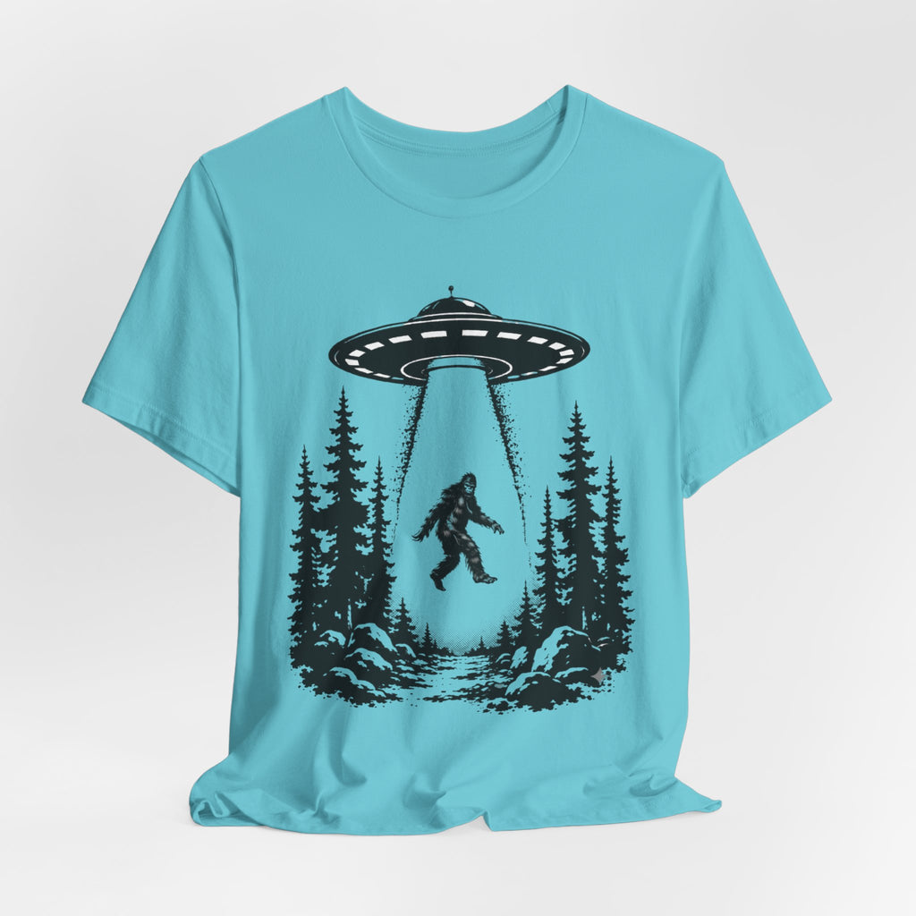 Bigfoot Abduction T-Shirt | UFO Sasquatch Forest Illustration